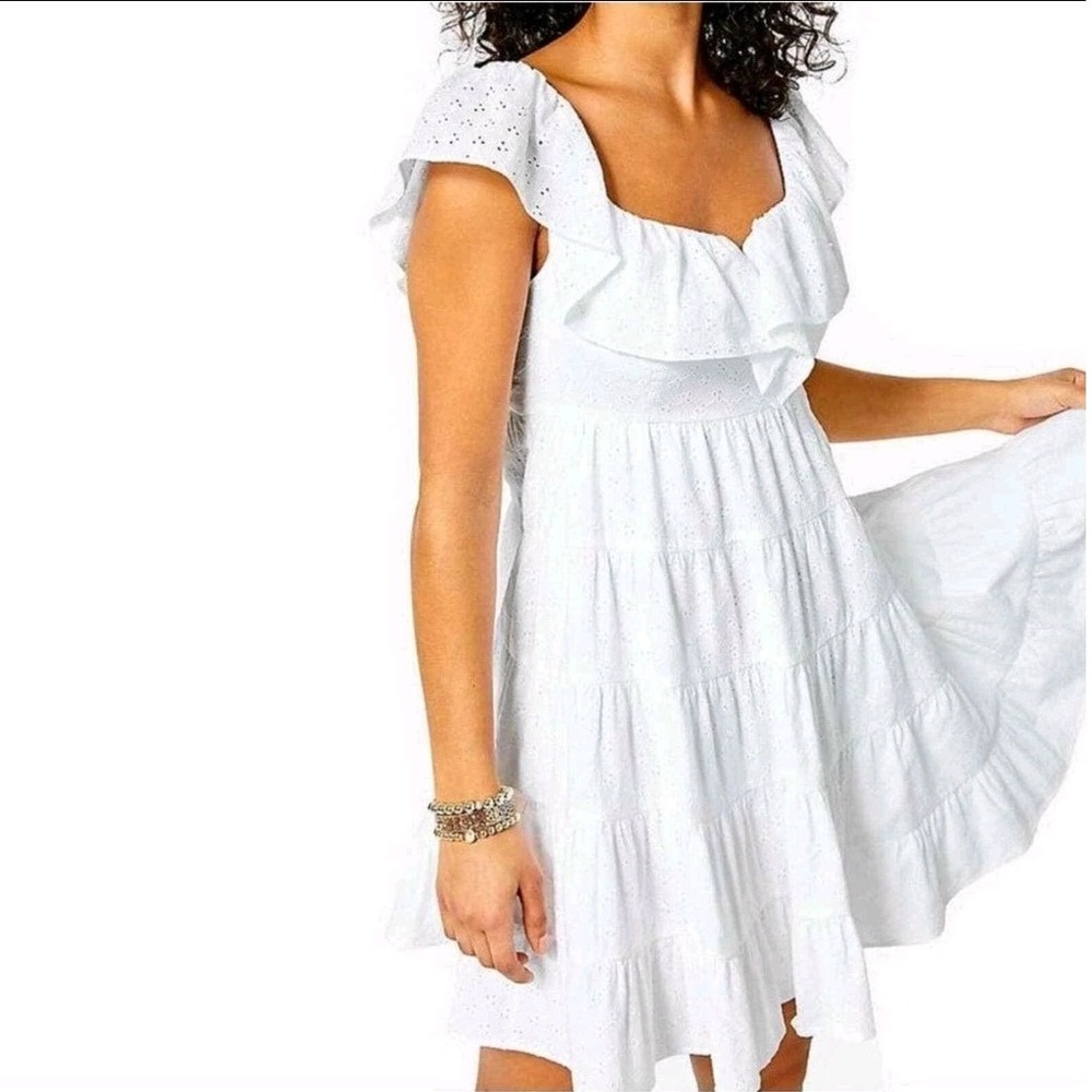 Lilly Pulitzer White Cotton Emie Babydoll Eyelet Tiered Ruffle Mini Dress Sze 10 - Picture 2 of 13
